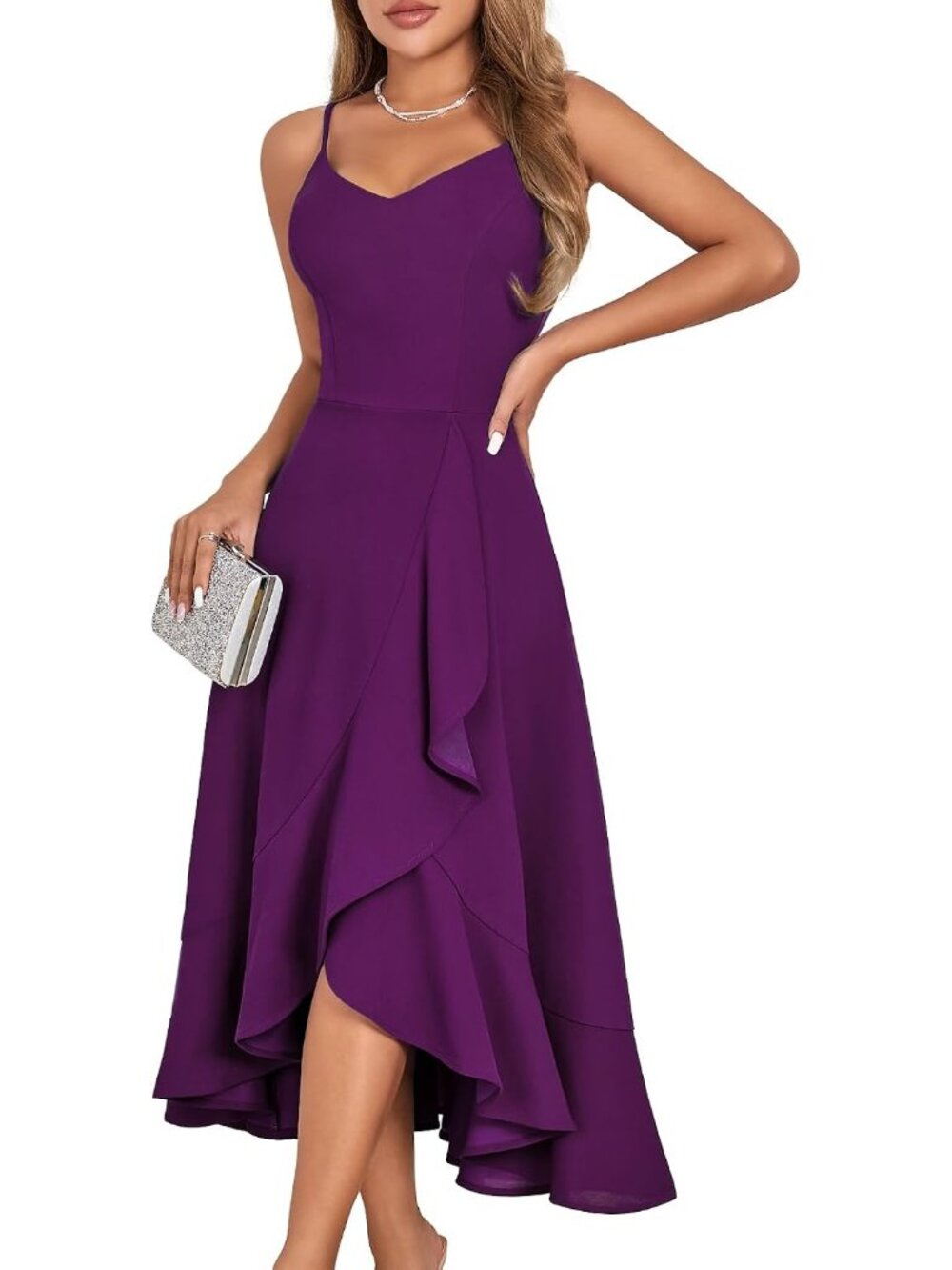 Women's Grape Spaghetti Strap Cocktail Ruffle For Formal Wedding Guest Dresses
